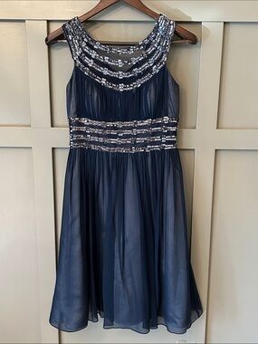 Adrianna Papell Evening Beaded Sequin Silk Dress Cocktail Wedding Party Navy 4